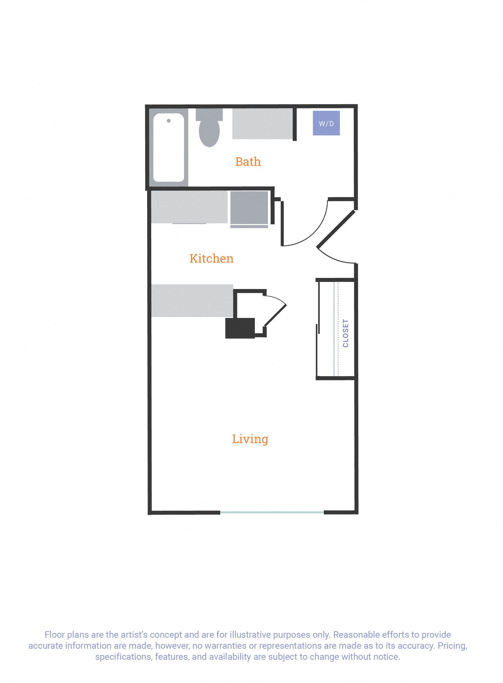 Floor plan for studio, 1 bath, 395 sqft